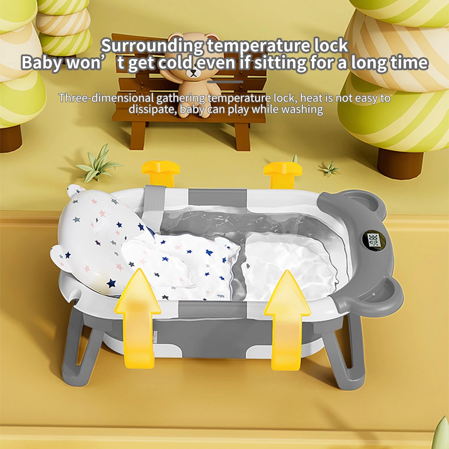 Folding Baby Bathtub with Integrated Thermometer, Non-slip Cushion, Portable Travel Shower, Bath Pool,Baby Bath Accessories