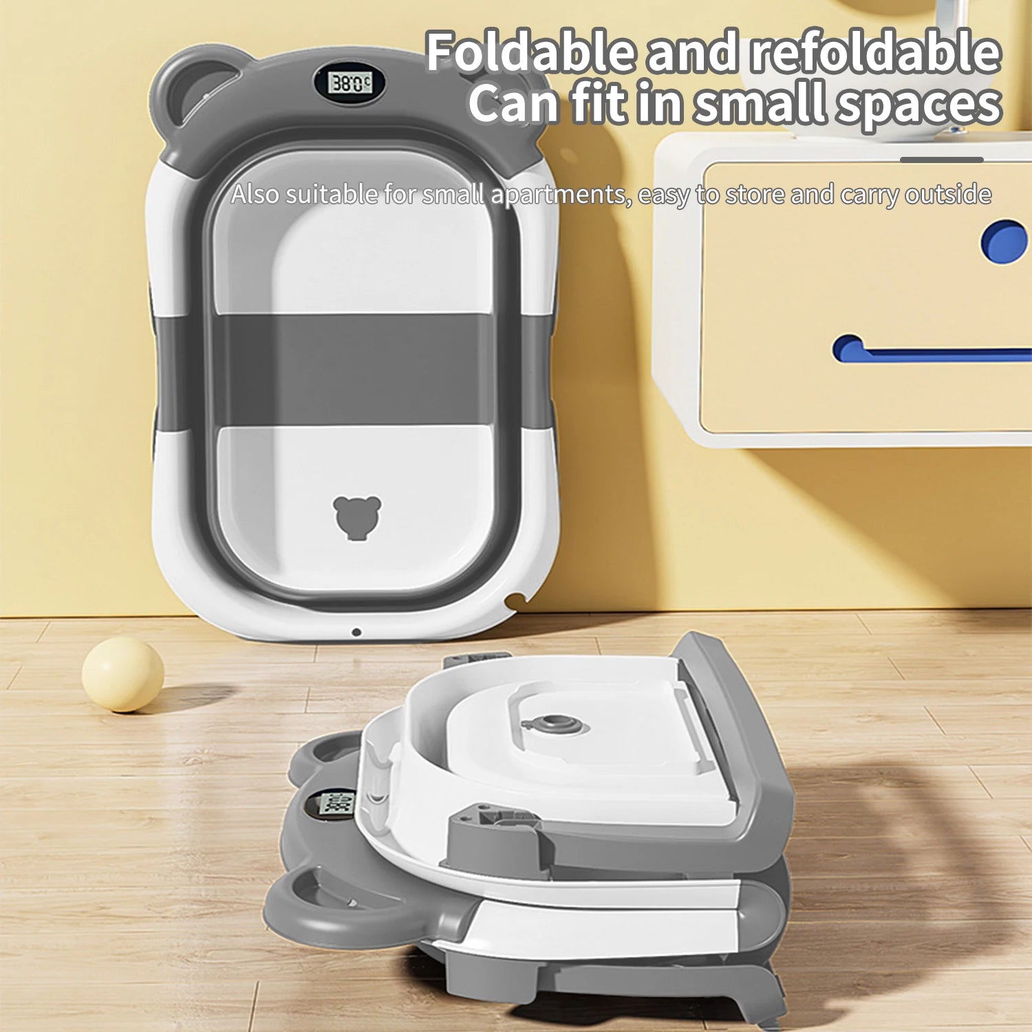 Folding Baby Bathtub with Integrated Thermometer, Non-slip Cushion, Portable Travel Shower, Bath Pool,Baby Bath Accessories