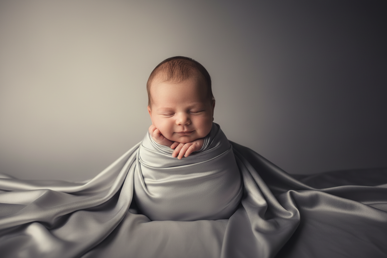light dark background with a baby wrapped in a silky sheet